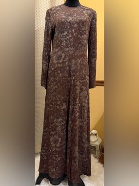 MARK SHALE Vintage Brown Floral Long Sleeve Maxi Dress - 100% Pure Silk